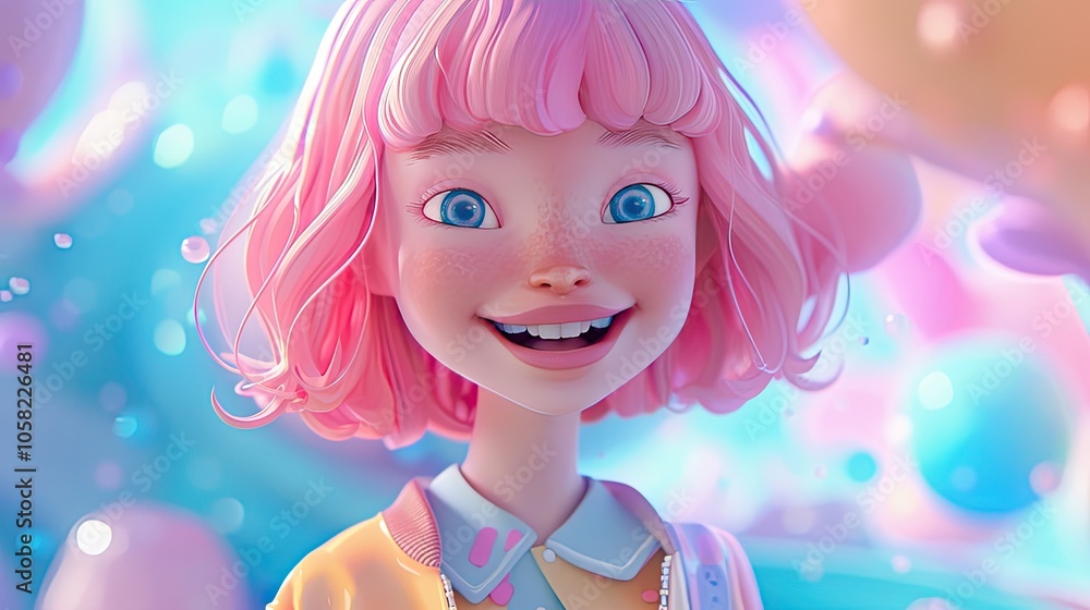 Fototapeta premium Cheerful cartoon girl, with soft pink hair, pastel clothing, and a bright smile.
