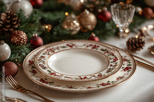 A luxurious holiday dining table elegantly set with festive decorations, ideal for Christmas invites, greeting cards or menus, creating a cozy celebratory atmosphere.