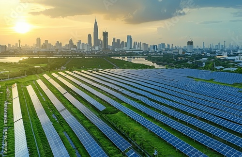 Sustainable Green City with Solar Energy and Net Zero Emissions. Renewable Power. Eco-friendly Urban Planning. Carbon Neutral Conservation. Future Infrastructure. Environmental Responsibility. photo