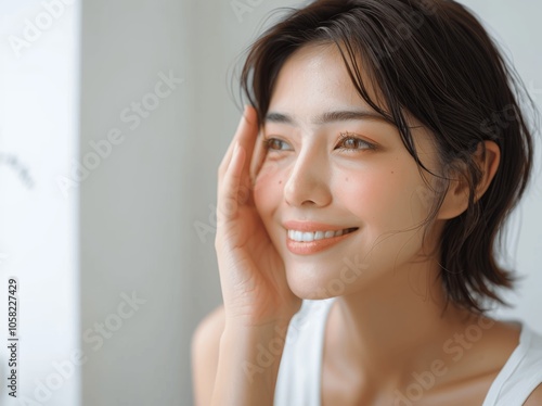 Beautiful Japanese Woman Smiling with Skincare Short Hair Touching Face in Bathroom High Resolution Photo Isolated Background