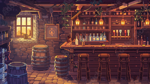 Pixel Art Tavern Interior with Bar, Stools, and Barrels photo