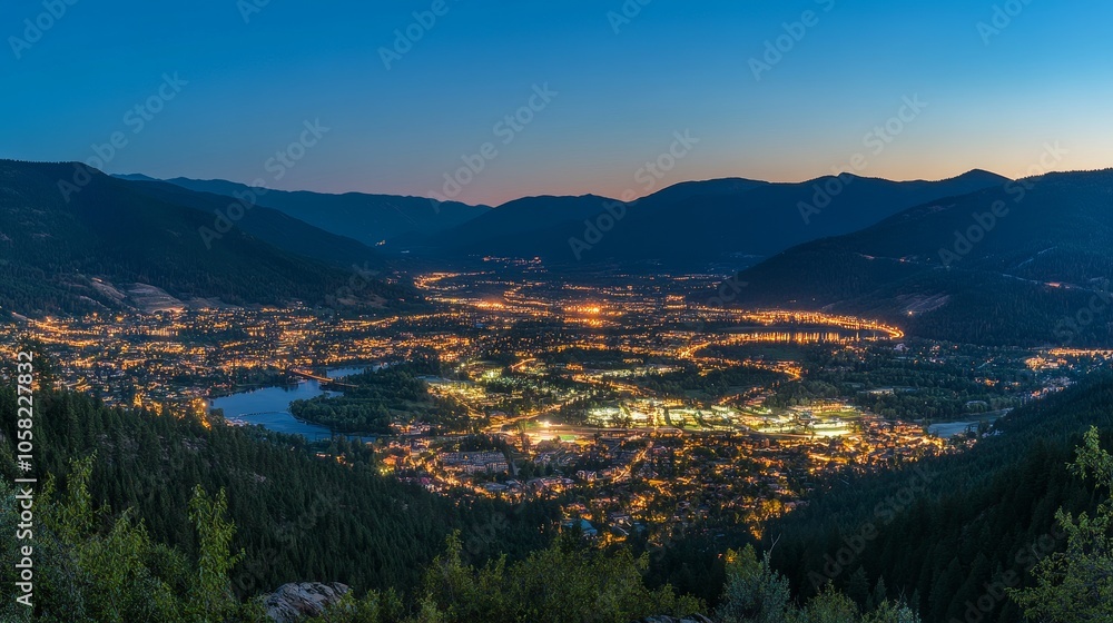 A panoramic view of a town illuminated at dusk, nestled between mountains and a river. A panoramic view of a town illuminated at dusk, nestled between mountains and a river.