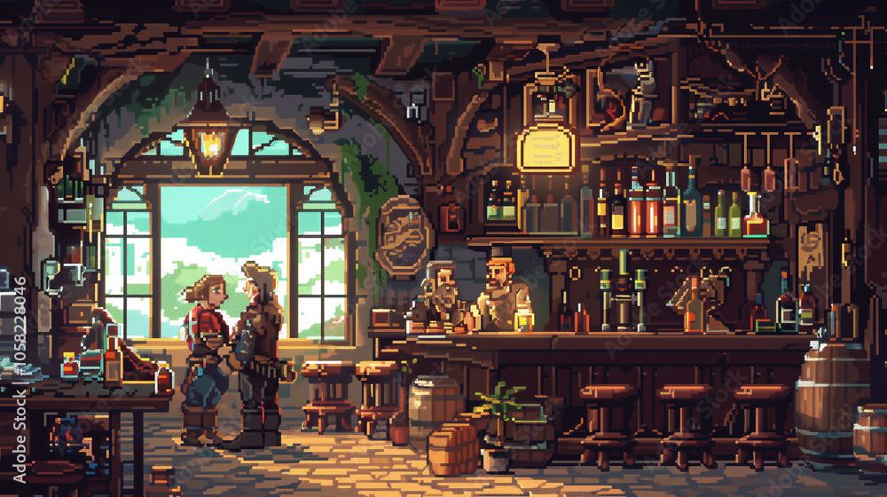 Pixelated Tavern Interior with Characters and Bar Pixelated Tavern Interior with Characters and Bar