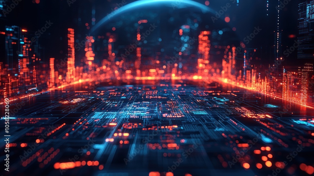 Obraz premium Futuristic digital landscape with glowing data structures.