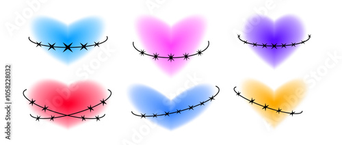Y2k hearts with thorn elements set. Colorful blurry aura shape collection. Blurred smooth gradient with bard wire for logo, template, badge, sticker, collage, icon. Vector various heart pack 