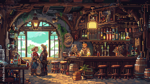 Pixelated Tavern Interior with Characters and Bar