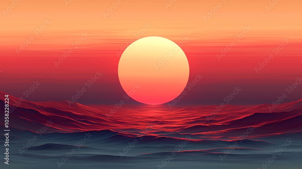Red Sunset Over Wavy Ocean with Large Sun Abstract Landscape Background Red Sunset Over Wavy Ocean with Large Sun Abstract Landscape Background