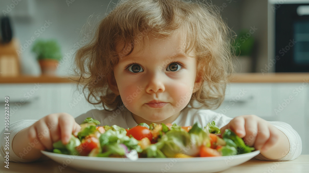 cherubic child with curly hair is pushing away colorful salad, displaying curious expression. scene captures moment of playful interaction with food in bright kitchen cherubic child with curly hair is pushing away colorful salad, displaying curious expression. scene captures moment of playful interaction with food in bright kitchen
