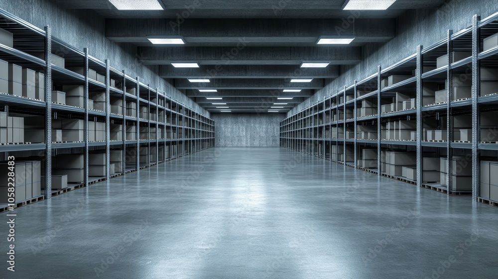 A spacious warehouse with shelves filled with boxes, designed for storage and inventory management. A spacious warehouse with shelves filled with boxes, designed for storage and inventory management.