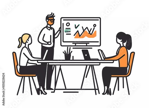 One-line drawing of business people in a conference room. One man is standing and presenting on the board with a graph