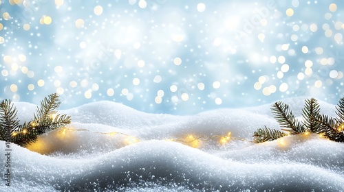 A stunning stock photo capturing the magical essence of Christmas, featuring a picturesque snowy setting with snowdrifts and twinkling Christmas lights in the background