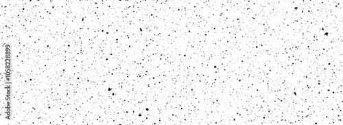 Black and white dirty dot seamless pattern. Grunge dripped sprinkles, particles, dust or splashes wallpaper. Distress noise grain repeated background. Random mottled gritty overlay texture. Vector