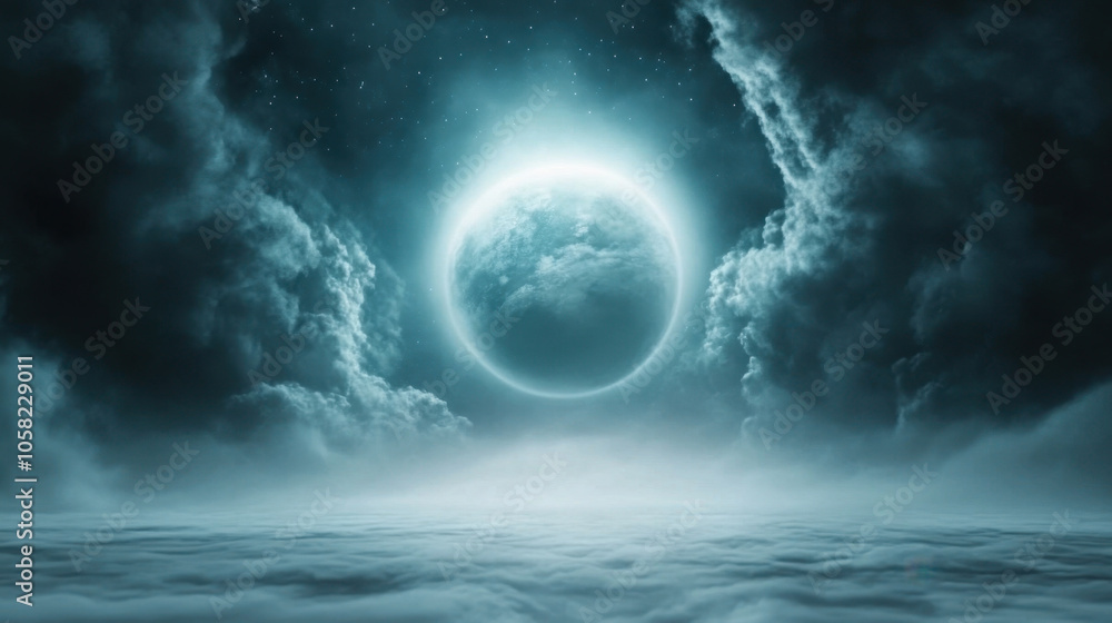 Fototapeta premium mystical scene featuring glowing planet surrounded by dramatic clouds and starry sky, evoking sense of wonder and tranquility