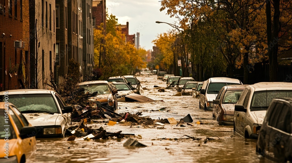 A flooded street with submerged cars and debris, highlighting the impact of severe weather. A flooded street with submerged cars and debris, highlighting the impact of severe weather.