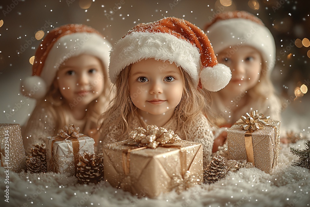 Adorable Kids in Santa Hats with Christmas Gifts and Snow Adorable Kids in Santa Hats with Christmas Gifts and Snow