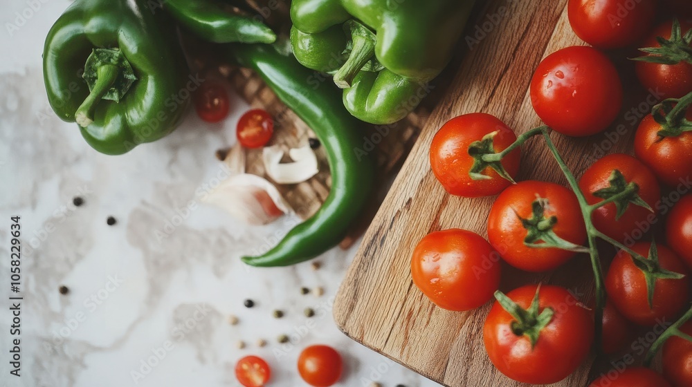 Fresh Green Peppers, Tomatoes, and Spices on a Wooden Cutting Board Fresh Green Peppers, Tomatoes, and Spices on a Wooden Cutting Board