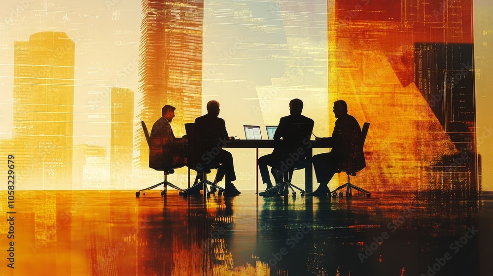Silhouetted figures in a meeting against a city backdrop, symbolizing business discussions and decisions. Silhouetted figures in a meeting against a city backdrop, symbolizing business discussions and decisions.