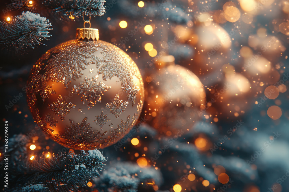 beautifully decorated Christmas tree adorned with shimmering golden ornaments and soft glowing lights creates warm and festive atmosphere. delicate snowflakes on ornaments add touch of elegance to beautifully decorated Christmas tree adorned with shimmering golden ornaments and soft glowing lights creates warm and festive atmosphere. delicate snowflakes on ornaments add touch of elegance to
