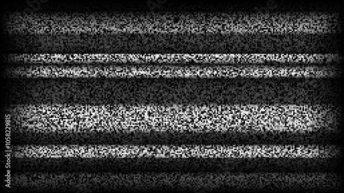 TV static noise background. Glitch pixelated television screen. Black and white TV signal VHS video with black stripes wallpaper. White noise grain. CRT screen with interferences or glitches. Vector
