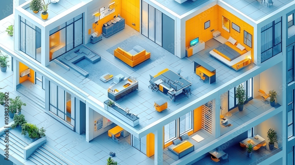 Obraz premium A modern, multi-level home interior showcasing vibrant design elements.