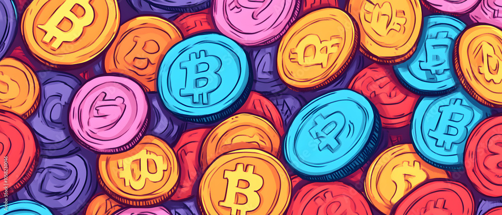 dollar production, coins, stock graphs, and Bitcoin in various creative graphic styles dollar production, coins, stock graphs, and Bitcoin in various creative graphic styles