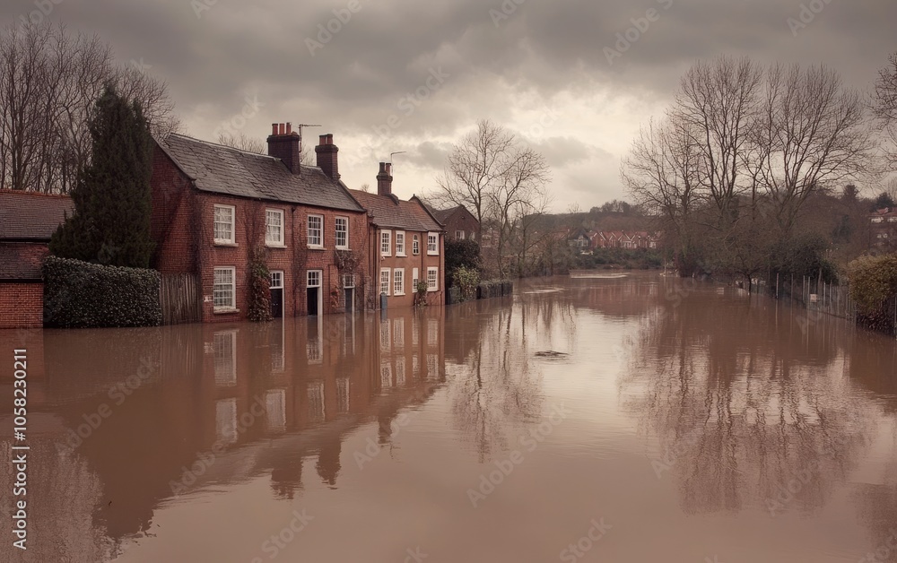 Flooded houses surrounded by rising water under a cloudy sky. Flooded houses surrounded by rising water under a cloudy sky.