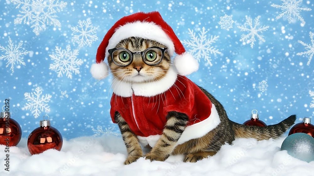 An adorable tabby cat dressed in a miniature Santa Claus outfit, complete with a red velvet coat and hat trimmed with white faux fur, posing against a backdrop of snowflakes and glittering ornaments. An adorable tabby cat dressed in a miniature Santa Claus outfit, complete with a red velvet coat and hat trimmed with white faux fur, posing against a backdrop of snowflakes and glittering ornaments.
