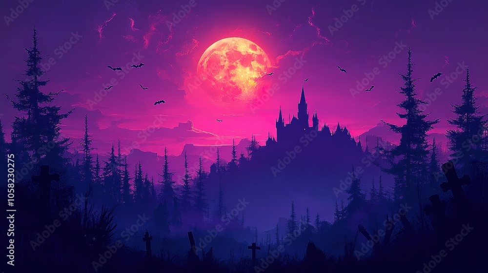Silhouetted Castle Under a Blood Moon in a Forest Silhouetted Castle Under a Blood Moon in a Forest