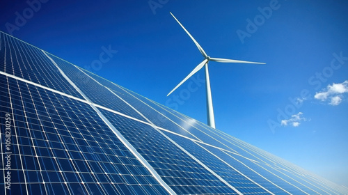 Sustainable energy is represented by wind turbine and solar panels under clear blue sky, showcasing harmony of renewable resources