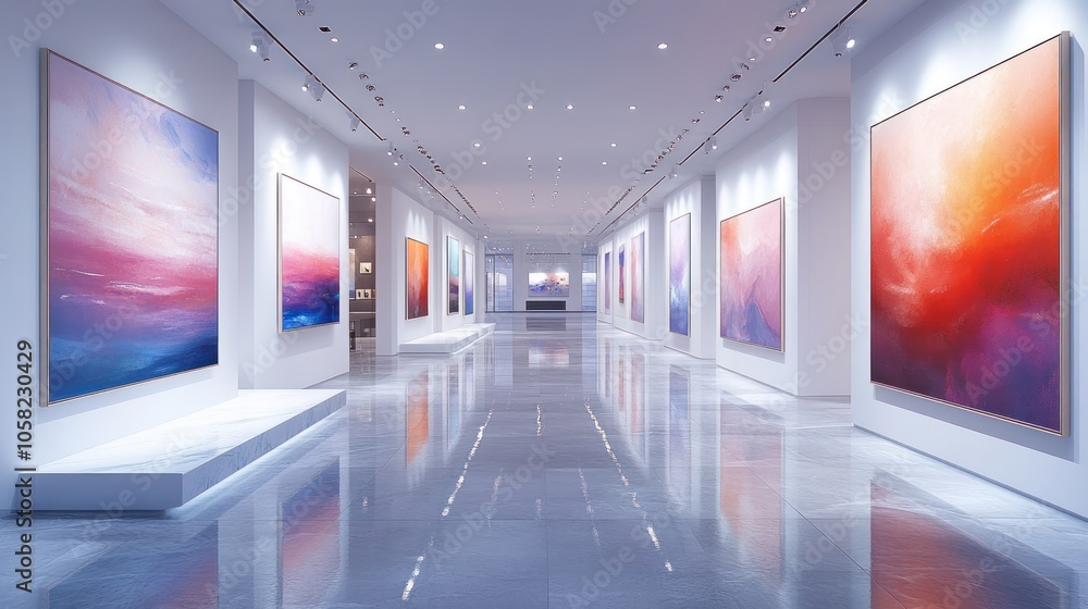 Modern art gallery featuring colorful abstract paintings. Modern art gallery featuring colorful abstract paintings.
