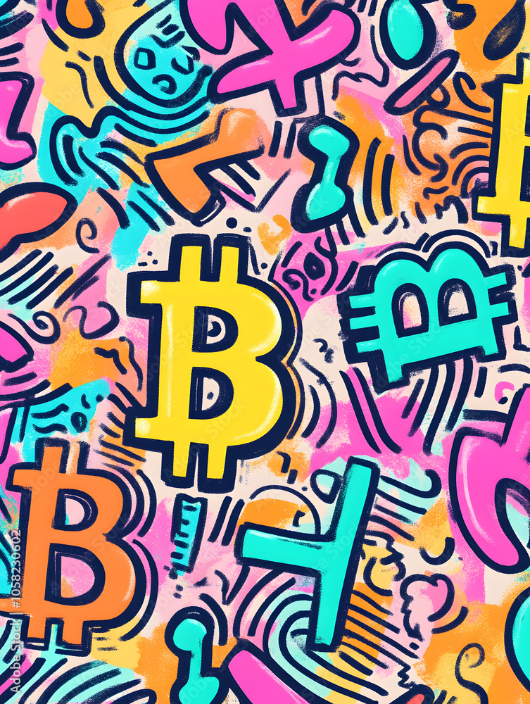 dollar production, coins, stock graphs, and Bitcoin in various creative graphic styles dollar production, coins, stock graphs, and Bitcoin in various creative graphic styles