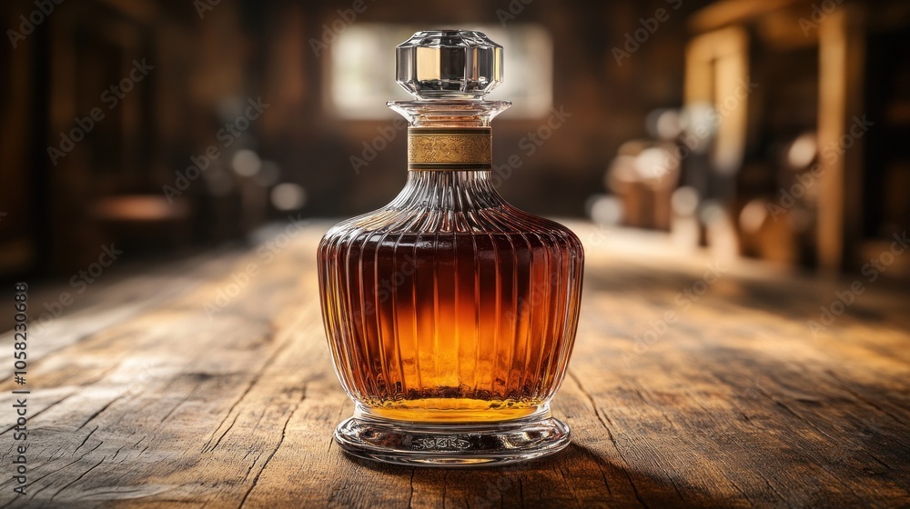 Elegant glass decanter filled with amber liquid on a wooden table. Elegant glass decanter filled with amber liquid on a wooden table.