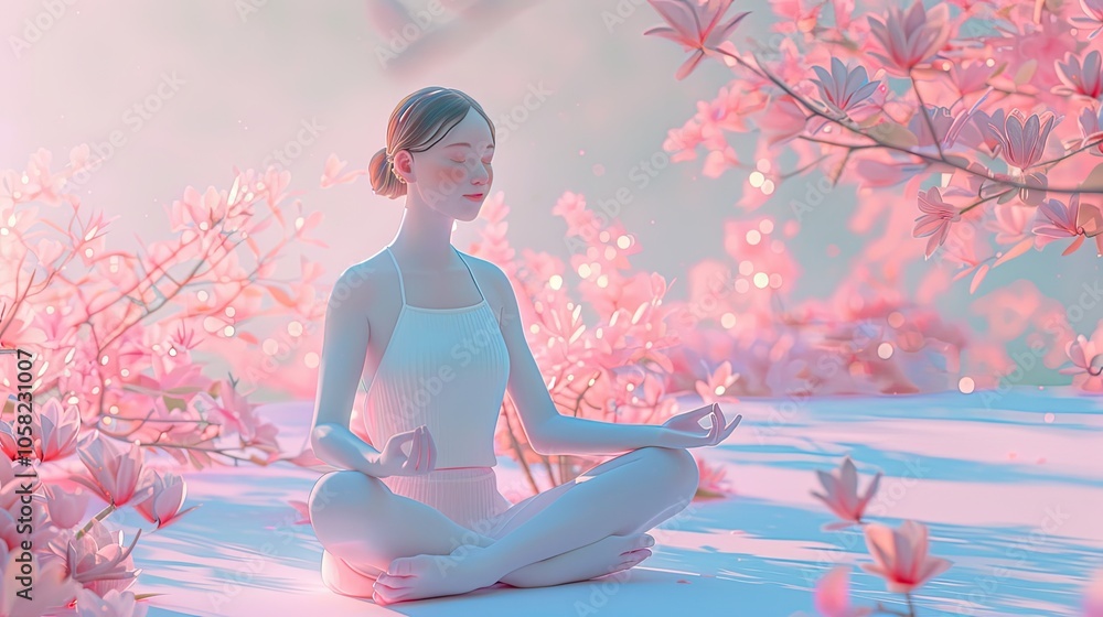 Woman meditating, with soft pink and blue attire, a peaceful expression. Woman meditating, with soft pink and blue attire, a peaceful expression.
