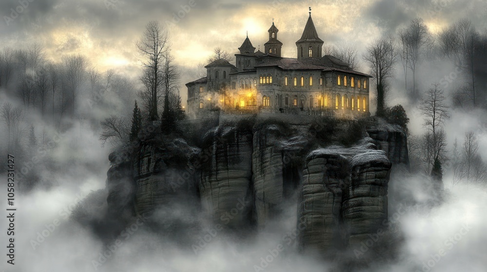 A mysterious, gothic-style castle sits atop a cliff, shrouded in fog and mist.