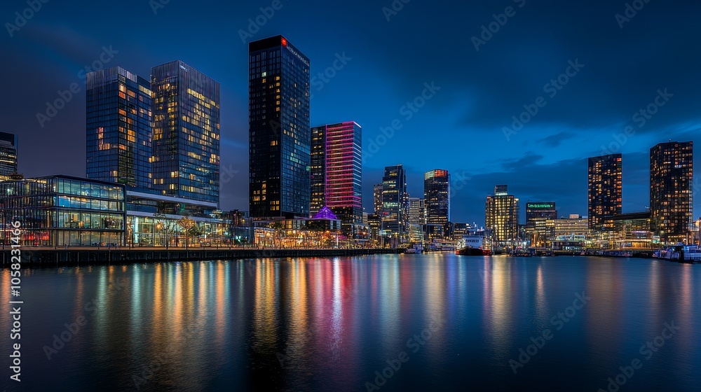 A vibrant city skyline at dusk, reflecting lights in the water. A vibrant city skyline at dusk, reflecting lights in the water.