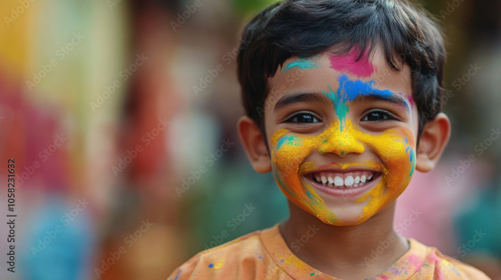 Smiling child with colorful face paint, expressing joy and creativity during festive celebration. vibrant colors reflect playful atmosphere and happiness Smiling child with colorful face paint, expressing joy and creativity during festive celebration. vibrant colors reflect playful atmosphere and happiness