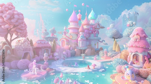 A fairytale scene background, with a magical pastel castle and a dreamy atmosphere.