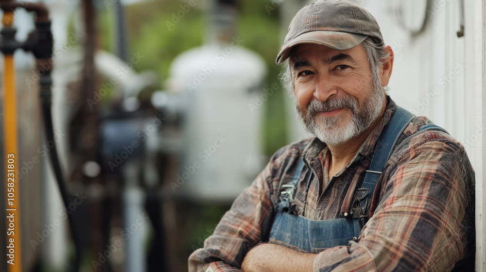 skilled plumber stands confidently with warm smile, showcasing his expertise in home repairs. His plaid shirt and cap reflect hardworking spirit in plumbing environment skilled plumber stands confidently with warm smile, showcasing his expertise in home repairs. His plaid shirt and cap reflect hardworking spirit in plumbing environment