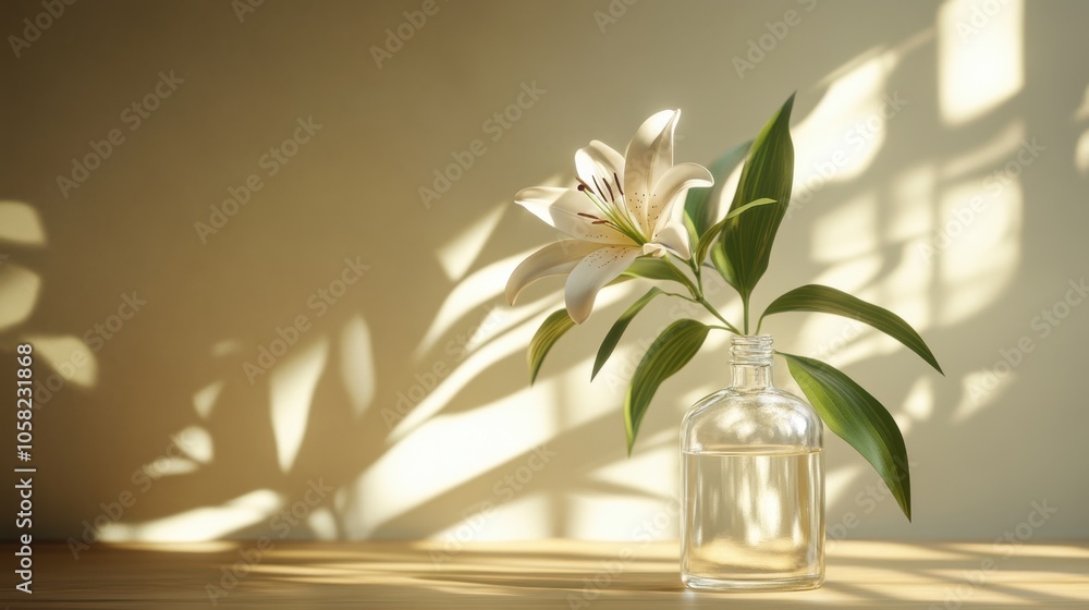 A peaceful morning scene of a glass bottle with a lily on a table, A peaceful morning scene of a glass bottle with a lily on a table,