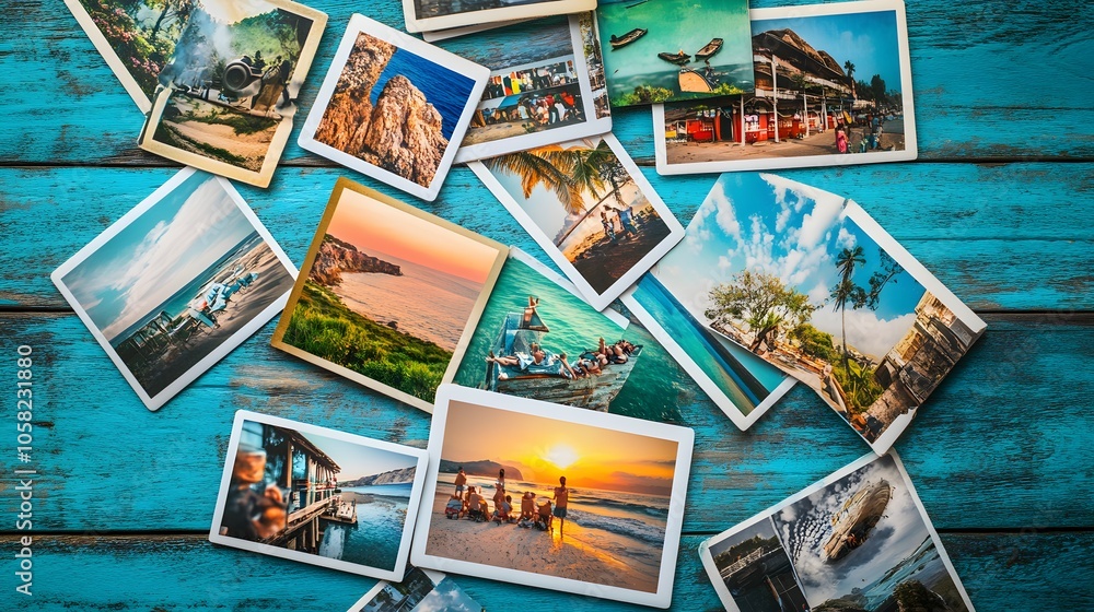 heap of travel photos on azure wood background. heap of travel photos on azure wood background.