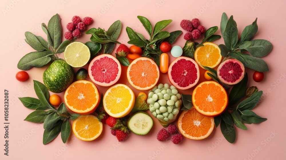Nutritional supplements arranged aesthetically alongside healthy fruits and vegetables, symbolizing holistic recovery and balanced health, with bright vibrant colors Nutritional supplements arranged aesthetically alongside healthy fruits and vegetables, symbolizing holistic recovery and balanced health, with bright vibrant colors