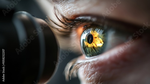 Ophthalmologist examining a patient's eyes with specialized equipment, focus on professional medical care photo