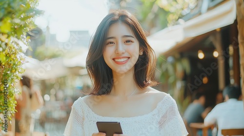 Smiling young Asian woman wearing white top holding a smartphone while looking to the camera, nature cafe background. photo