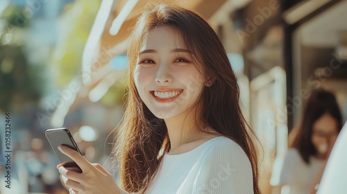 Smiling young Asian woman wearing white top holding a smartphone while looking to the camera, nature cafe background. photo