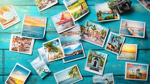 heap of travel photos on azure wood background. 