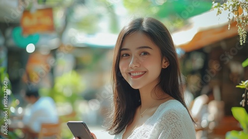 Smiling young Asian woman wearing white top holding a smartphone while looking to the camera, nature cafe background. photo