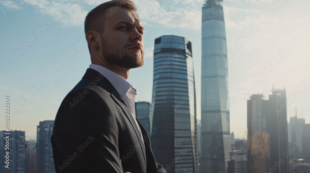 confident man in suit stands against backdrop of modern skyscrapers, exuding professionalism and ambition. city skyline reflects bright future confident man in suit stands against backdrop of modern skyscrapers, exuding professionalism and ambition. city skyline reflects bright future