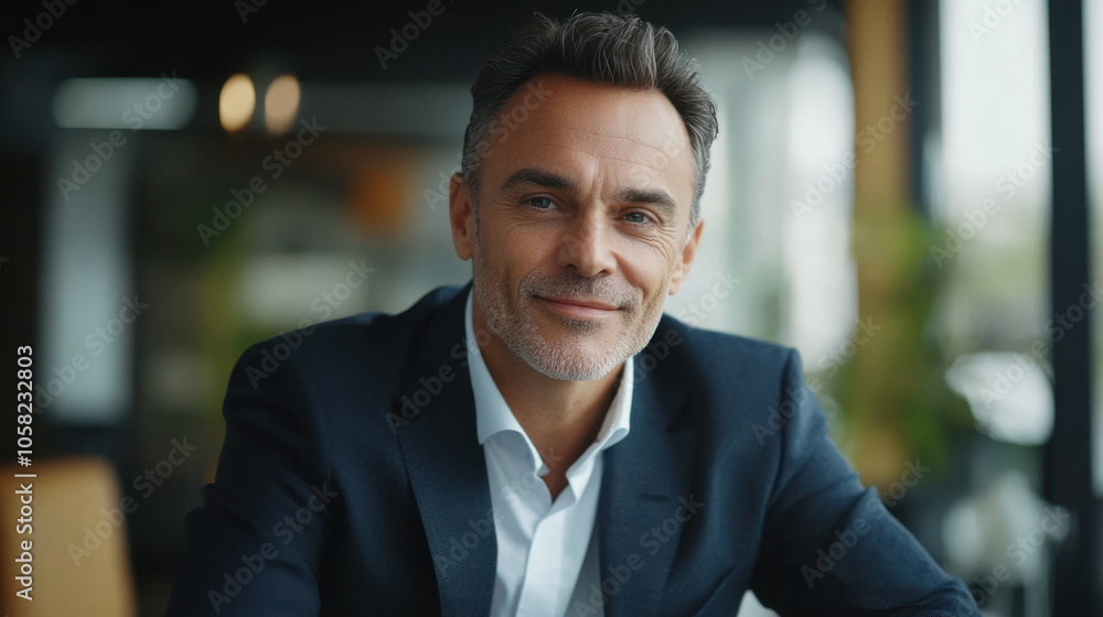 middle aged man with confident smile, dressed in dark suit, exudes professionalism and charm in modern office setting. His approachable demeanor invites conversation middle aged man with confident smile, dressed in dark suit, exudes professionalism and charm in modern office setting. His approachable demeanor invites conversation