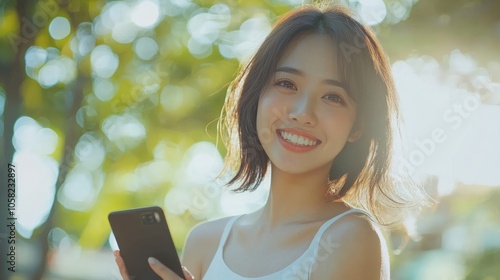 Smiling young Asian woman wearing white top holding a smartphone while looking to the camera, nature cafe background. photo