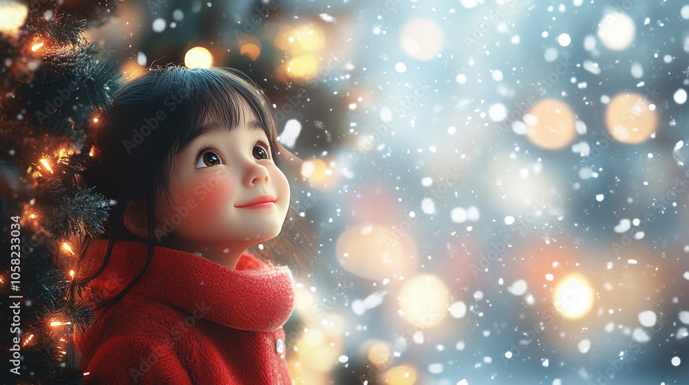 A young girl looking up with wonder in a snowy atmosphere, capturing the magic and innocence of the holiday season.
A young girl looking up with wonder in a snowy atmosphere, capturing the magic and innocence of the holiday season.